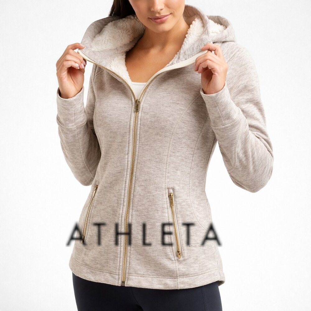 Athleta Fleece Lined Full Zip Hoodie Small Beige Sherpa Cozy Jacket